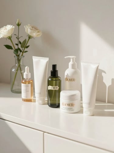 Bright lifestyle shot of a minimalist vanity with neatly organized skincare bottles and a small vase of flowers.