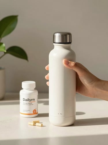A woman's hand holding a sleek, modern ceramic water bottle next to a small bottle of daily supplements.