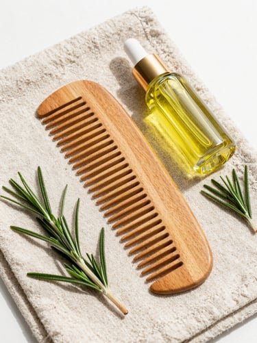 A wooden comb resting next to a bottle of organic rosemary hair oil on a clean linen towel.