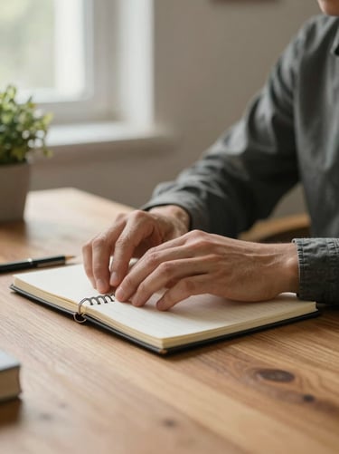 Close-up of a person's hands resting open on a wooden desk beside a notebook and a small plant, soft natural window light from the left, warm and still, no movement