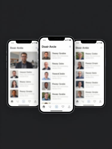 A minimalist composite image showing three mobile screens in a row, illustrating a seamless user journey through a clean application interface. The style is understated and functional, with a focus on professional clarity and modern design.