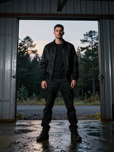 A dramatic low-angle shot of the character standing at the entrance of a metal hangar. The background shows a twilight North American / US forest, with a color palette of charcoal black and soft silver highlights on the wet ground.