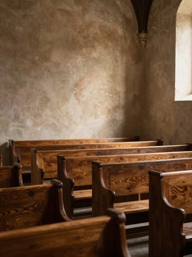 A quiet, empty chapel interior with warm light hitting the textured plaster walls and wooden pews, dramatic shadows.