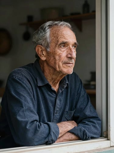 An authentic, unposed portrait of an elderly artisan looking thoughtfully out of a window, soft side lighting, high contrast.