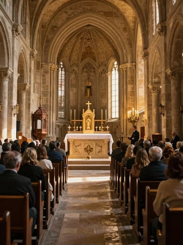 Wide cinematic shot of a congregation in shadow, warm golden hour light hitting an altar in an old stone sanctuary.