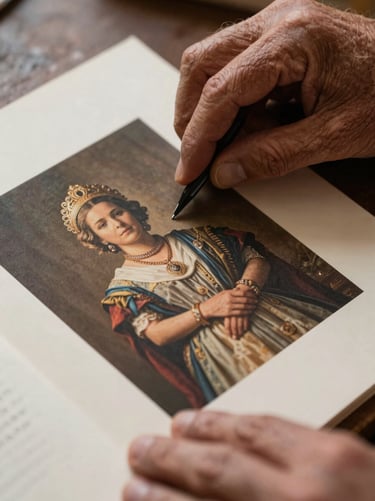 Extreme close-up of wrinkled hands gently holding a physical heirloom print on heavy matte paper, warm side lighting.