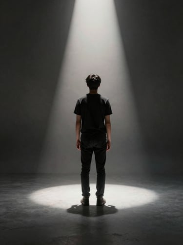 A wide fine art composition showing a person standing in a beam of light within a dark, textured room. Contrast between #F5F2EF light and #1F1E1C darkness creates a dramatic storytelling effect.