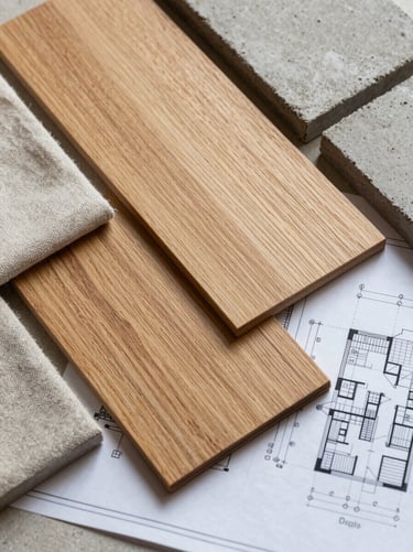 Top-down macro photograph of architectural planning materials, showing light oak wood samples, textured linen fabrics, raw concrete blocks, and neat technical blueprints.