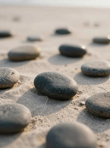 A close-up of smooth, dark river stones resting on soft, textured linen under gentle coastal daylight.