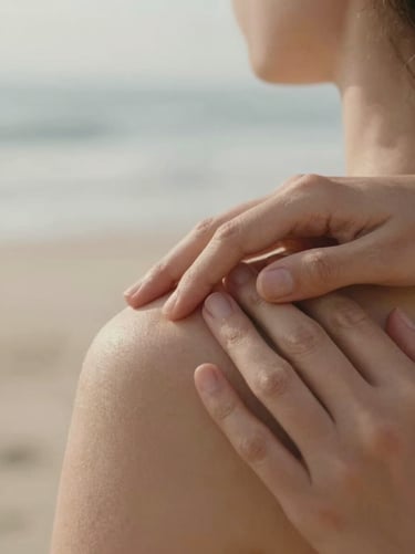 Macro close-up of therapist hands applying precise pressure on a shoulder, soft natural lighting, shallow depth of field.
