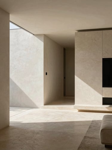A sun-drenched, architecturally significant residential interior with clean linen textures, minimalist stone surfaces, and soft north-facing daylight.