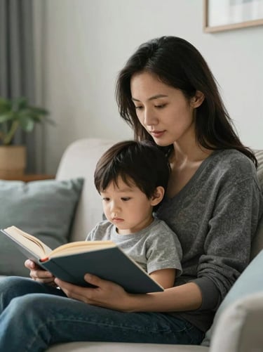 A quiet, candid moment of a mother and child reading a book in a soft white North American / US home interior. The lighting is natural and airy, with charcoal and light blue accents in the decor.