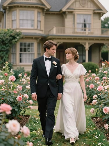 An elegant couple walking through a lush green Victorian garden with blooming roses, soft natural light, romantic heritage photography, 35mm film