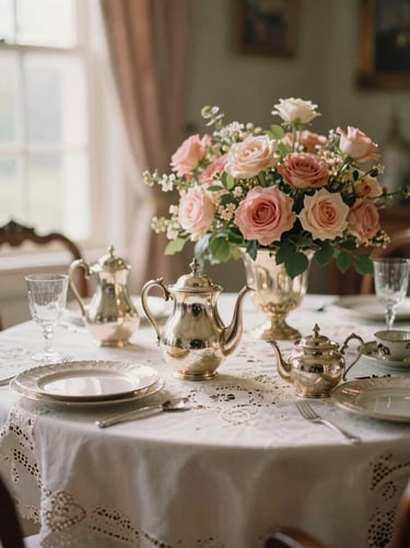 A sunlit parlor table set with a delicate lace tablecloth, vintage silver teapots, and elegant floral arrangements in soft rose and gold tones, warm heritage photography