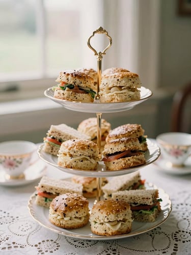 A tiered high tea tray with fresh scones, savory finger sandwiches, and delicate vintage porcelain teacups on a lace tablecloth, soft window light, warm heritage photography
