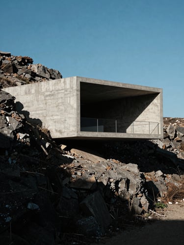Extreme wide-angle shot of a brutalist concrete pavilion integrated into a rocky hillside, strong directional sunlight.