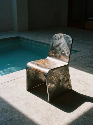 A single sculptural raw steel and walnut chair standing in a pool of sharp sunlight on a concrete floor.