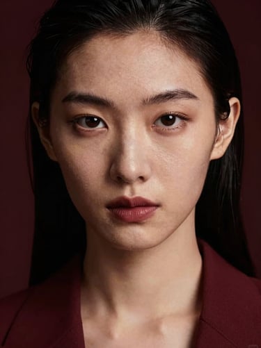 Close-up editorial portrait of a female model, sharp focus, dramatic studio lighting, rich burgundy tones