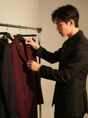 Stylist adjusting garments on an editorial clothing rack, warm golden-hour light, cinematic atmosphere