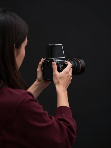Behind-the-scenes shot of an editorial photographer operating a medium-format camera in a dark studio