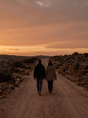 A scenic wide shot of a couple walking along a dusty path in Spain during sunset. The landscape is bathed in a warm sand and deep terracotta glow, evoking nostalgia and a deep connection to nature. Cinematic, atmospheric photography.
