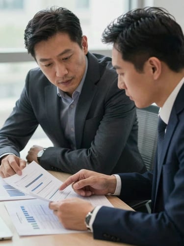 Medium environmental shot of two professionals at a table reviewing printed analysis documents, one leaning forward pointing at a specific figure on the page, professional office setting with natural window light, candid and unposed
