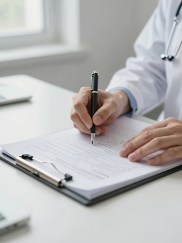 Close-up of a nephrologist's hands reviewing patient documentation on a clipboard, clinical desk surface, natural daylight from a side window, clean white background, no faces visible