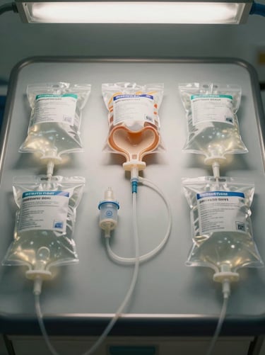 Straight-on medium shot of peritoneal dialysis supplies neatly arranged on a clinical surface — bags, tubing, and connectors — under controlled overhead lighting, clean and orderly, no people