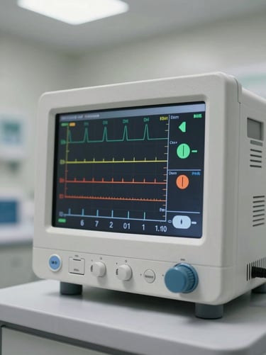 Close-up of medical monitoring equipment display showing stable vital readings, clinical setting with clean surfaces, controlled overhead lighting, no patients visible