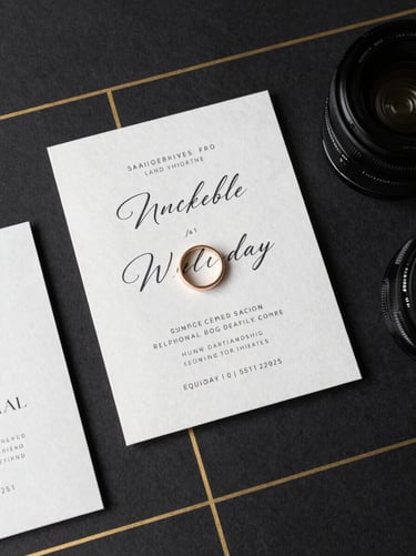 Top-down professional studio photography of an elegant wedding invitation and rings on a charcoal black surface with thin luxury gold lines. Minimalist and modern aesthetic.