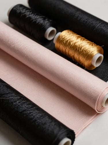 Close-up of premium raw materials, rolls of high-recovery technical fabrics and gold silk threads on an editorial table