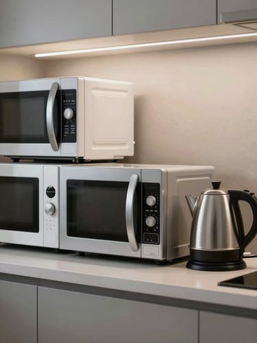Countertop kitchen appliances — microwave oven and electric kettle — arranged on a neutral gray shelf under bright even overhead lighting, model labels facing forward