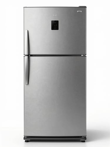 Single upright refrigerator photographed straight-on against a white studio background, bright even lighting, model label visible on door, clean neutral surface below unit