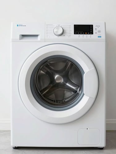 Front-loading washing machine photographed straight-on against a white background, bright even lighting, control dial and model label clearly visible
