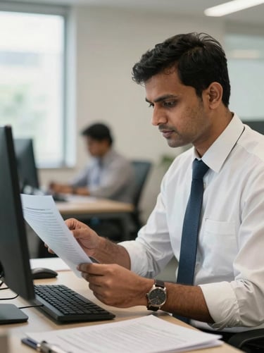 A professional Indian male Company Secretary examining corporate filings on a screen in a bright Bengaluru workspace, natural lighting.