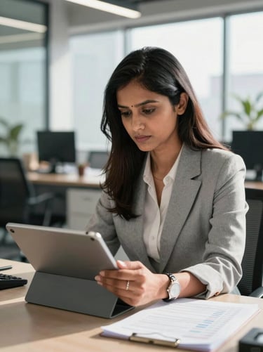 A professional Indian female Chartered Accountant reviewing a financial ledger on a tablet in a modern corporate office, bright daylight.