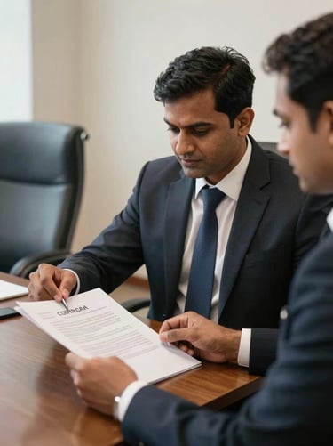 An Indian legal professional reviewing a corporate contract in an organized boardroom, soft natural light, professional atmosphere.
