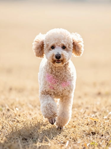 Elegant Poodle running through sunlit open fields, close-up, warm daylight, cream background, 35mm editorial