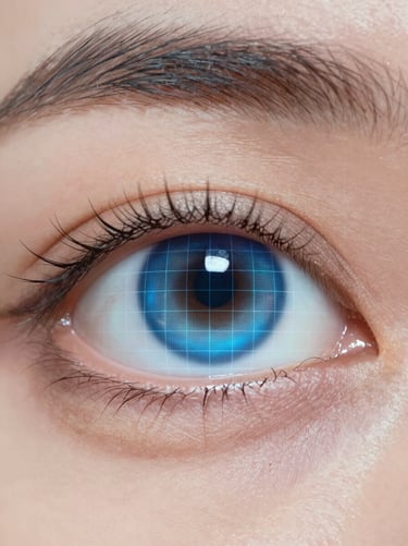 Close up of an eye with a digital grid overlay, representing the precision of AI photography, minimalist and futuristic style using #3D5A80 and #E0FBFC.