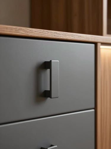 Detail shot of modular storage cabinets, integrated flush pull handles, flawless matte grey lacquer finish, soft side-lighting
