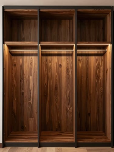 Straight-on shot of an integrated floor-to-ceiling wardrobe system, rich walnut doors, flush charcoal metal frames, warm interior lighting