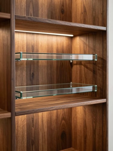 Close-up of a custom modular bar cabinet, rich walnut interior shelving, integrated glass holders, warm ambient lighting