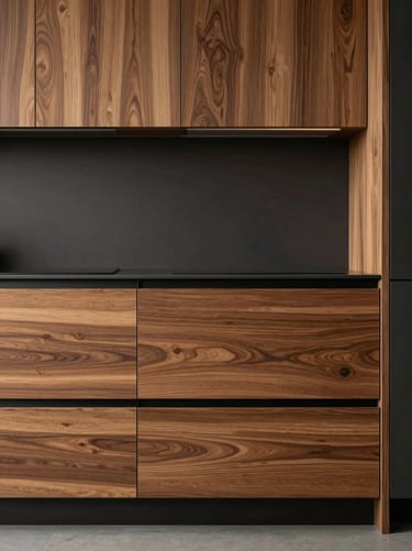 Straight-on architectural shot of a minimalist modular kitchen, warm walnut wood grains aligned across drawers, integrated charcoal profiles, soft side-lighting