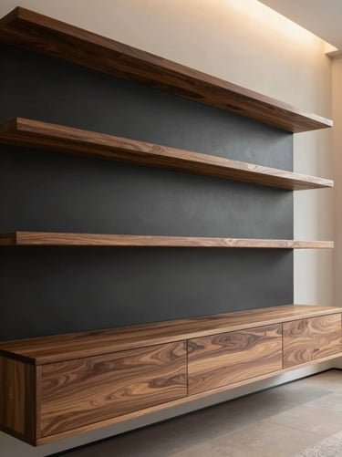 Minimalist modular TV wall unit, floating walnut shelving, charcoal back panel, perfectly aligned joints, soft directional lighting