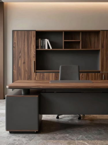 Straight-on view of a modular executive office desk and storage credenza, dark charcoal matte finish, walnut accents, clean lines