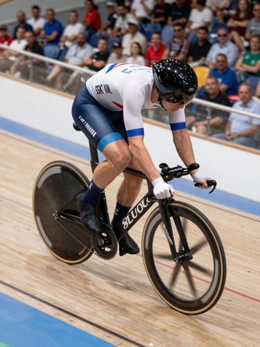 Professional photography of a cyclist in a high-speed turn, leaning low on a track, sleek carbon fiber bike details, sharp focus, dynamic motion blur on the arena crowd, Western / International setting.