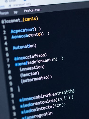 Macro shot of clean financial automation code executing on a dark terminal screen, illuminated by a sharp electric blue light, high contrast.