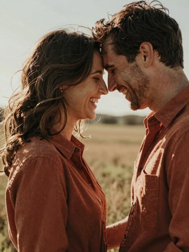 An intimate portrait of a couple laughing, foreheads touching, in a sun-lit field. North American US fashion. The mood is authentic and deeply emotional with warm terracotta tones.