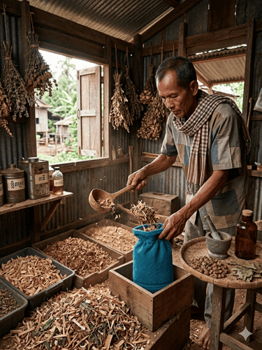 alt="A local artisan carefully crafting our 100% local scent bags with high-quality wood shards."