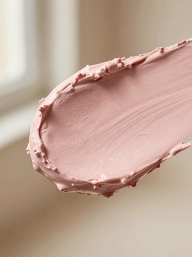 Macro close-up of pink clay mask texture, soft studio light, warm nude background, 35mm